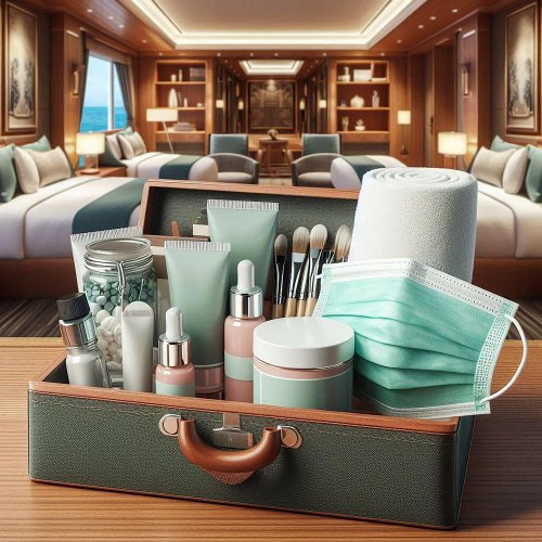 a travel toiletry or cosmetic bag filled with various personal care items